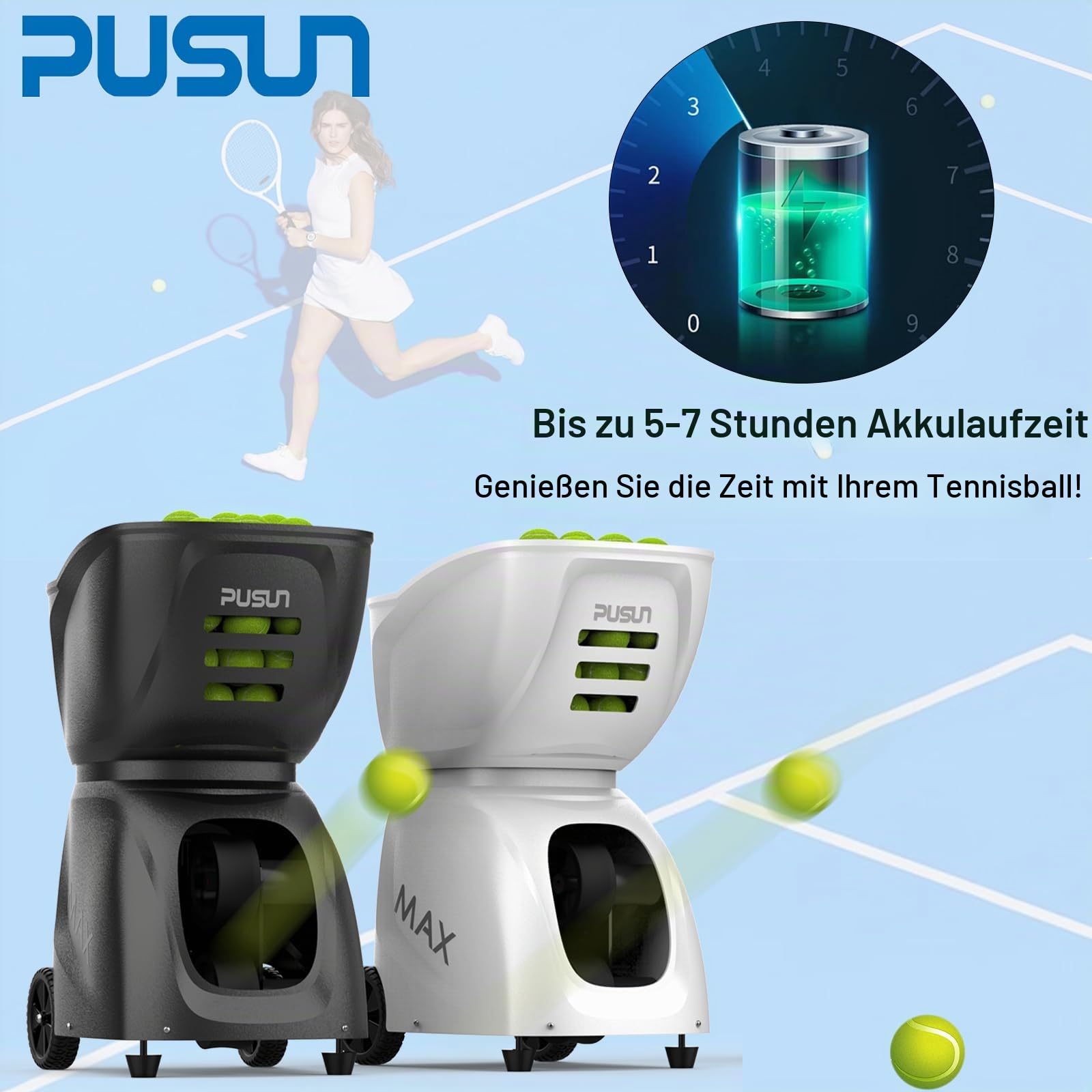 PUSUN Tennisballmaschine, PT-MAX C Tennisballwerfer für Porfessionelles Training, 145+ Ball-Kapazität, Dual-Steuerung über App und Fernbedienung, Programm/zufällig/Volley/Variation Speedball,