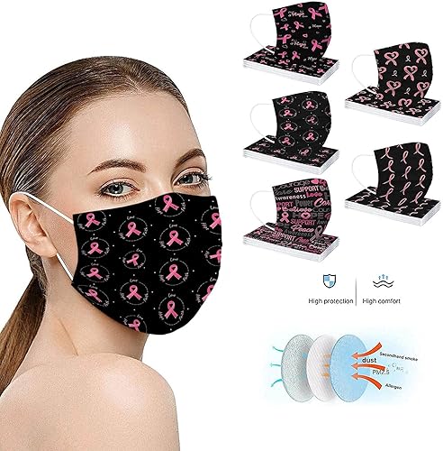 Miniatura 8 de Paquete de 50 mascarillas desechables para concientización del cáncer de mama, máscaras de cinta rosa para mujeres y adultos, protección facial de 3