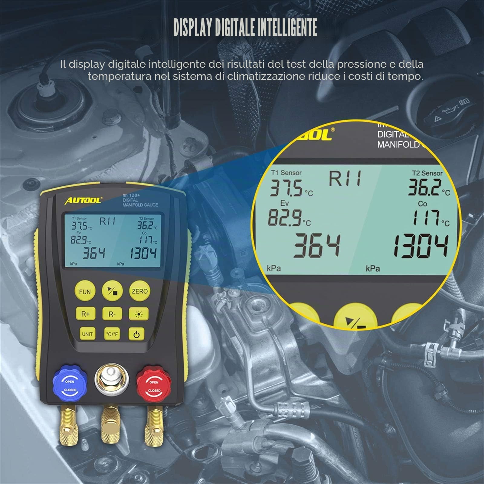 Refrigerazione Digital Collettore Gauge Meter HVAC Vacuum Pressure Tester Kit con clip di prova e tubo per la manutenzione del condizionatore d'aria, frigorifero (LM120+)