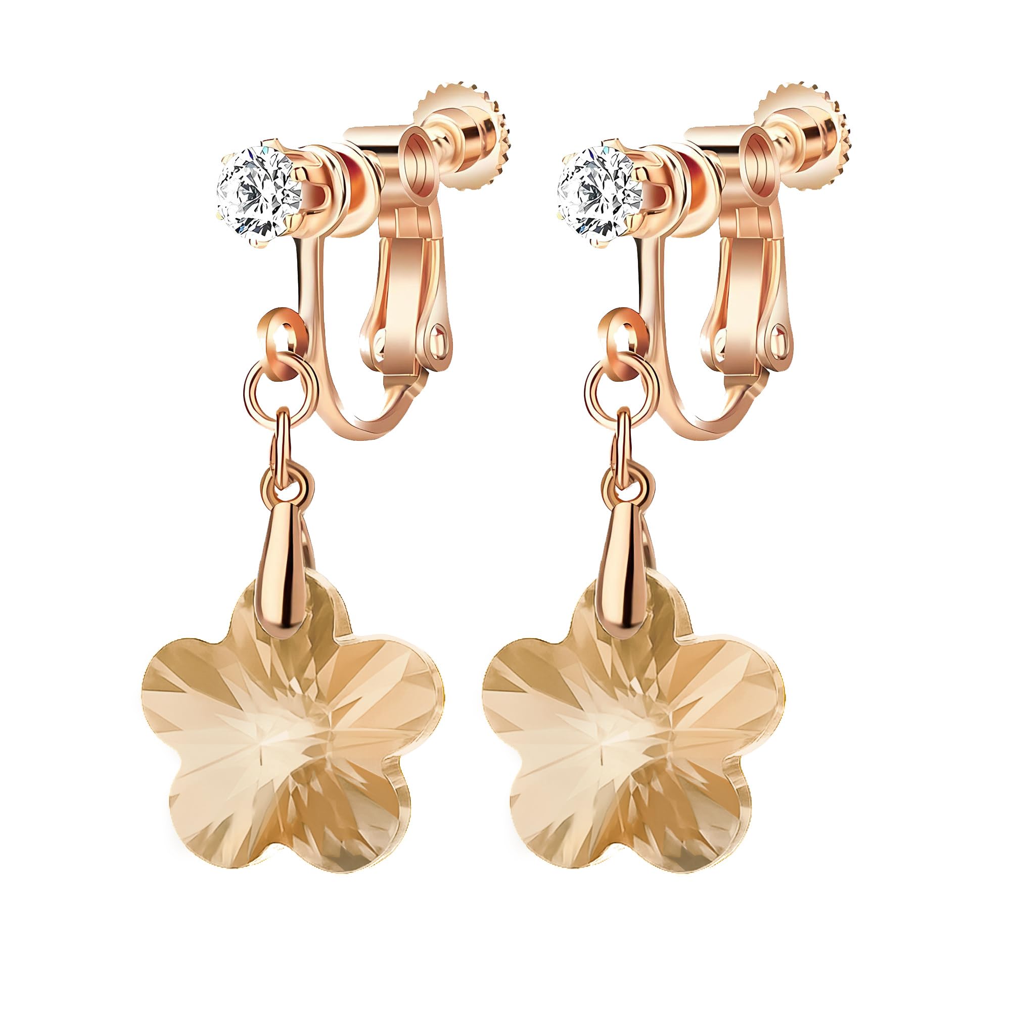 Austrian Crystal Flower Drop Clip On Earrings for Women Non Pierced 14K Rose Gold Plated Hypoallergenic Dangle Earring Jewelry
