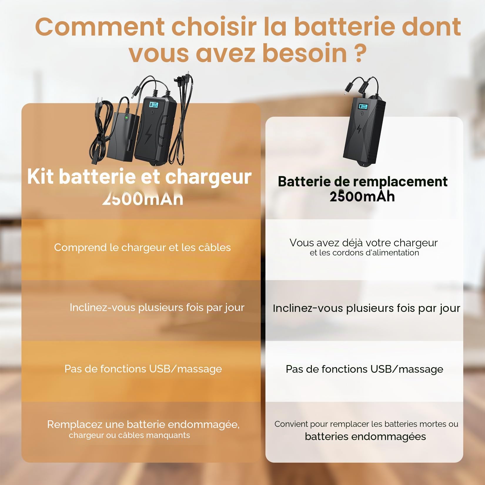 Batterie pour Meubles 2500 mAh, Chargeur Universel pour chaises Longues électriques et canapés, connecteur 2 Broches