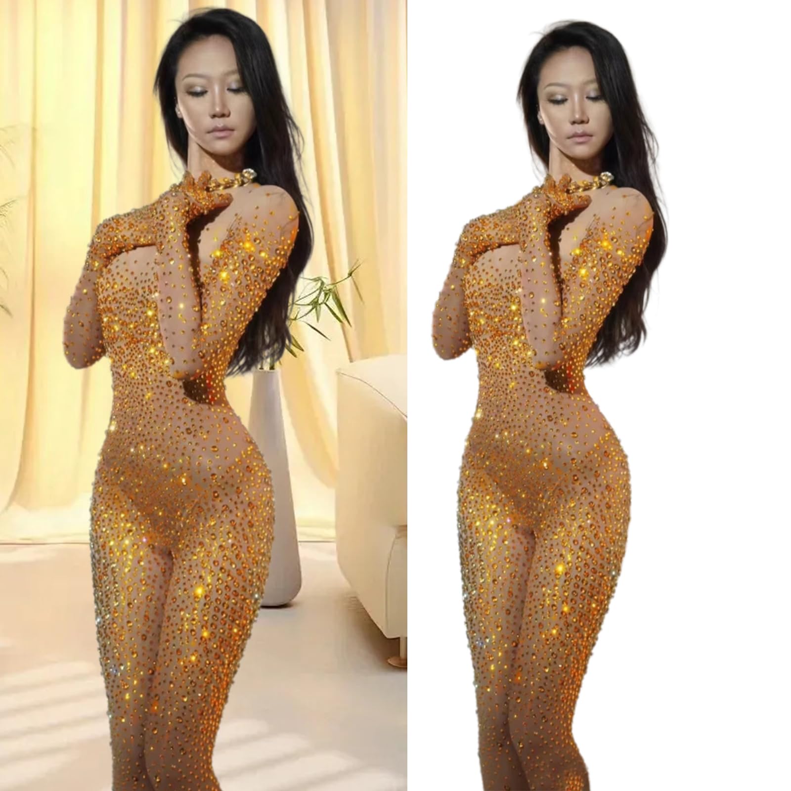 Glitzernder Netz-Overall für den ganzen Körper, Bühnenoutfit für Damen, Sänger, Tanzkleidung, formender Body, Strass, Body