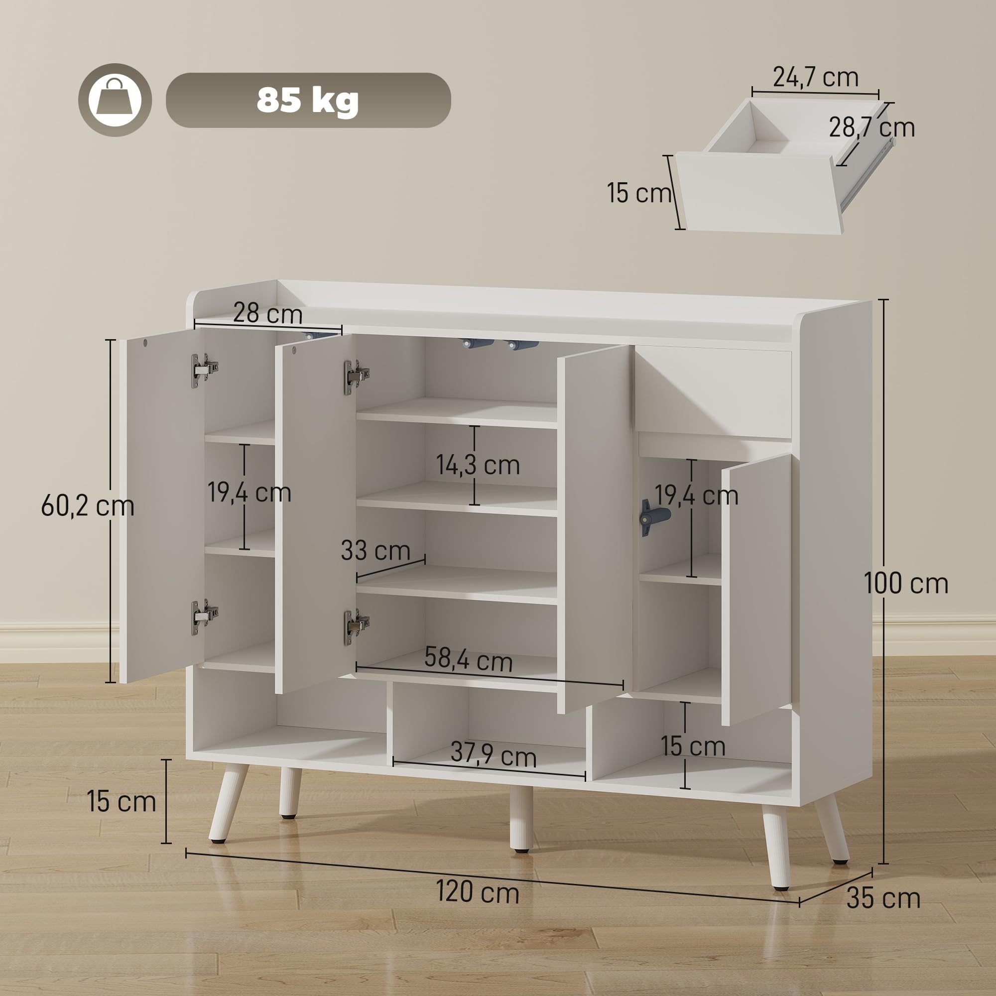HOMCOM Schuhschrank mit 4 Tür, Druck-zum-Öffnen 120 x 35 x 100 cm Weiß