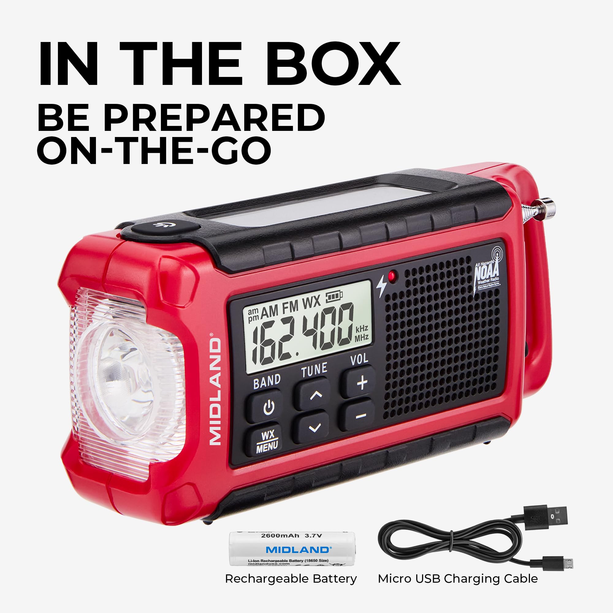 Midland ER210 NOAA Radio météo d'urgence – Compacte, manivelle, avertissements météo, radio AM/FM, plusieurs sources d'alimentation, lampe de poche d'urgence SOS
