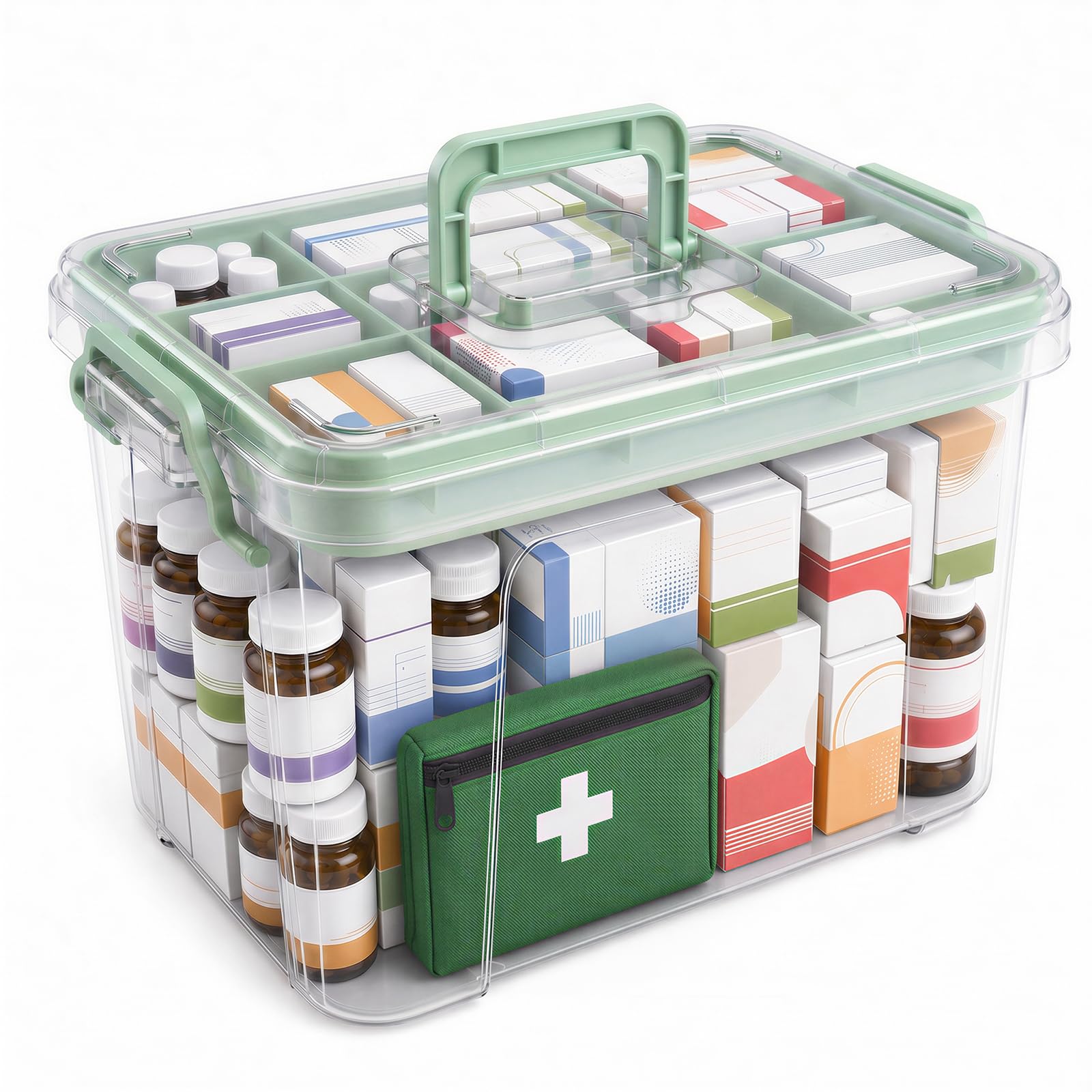 Stidyzo Medicine Storage Box, Large Storage Boxes with Lid, 2-Layer Multi Grid Medicine Container, Stackable First Aid Box for Home, Office, School, Green