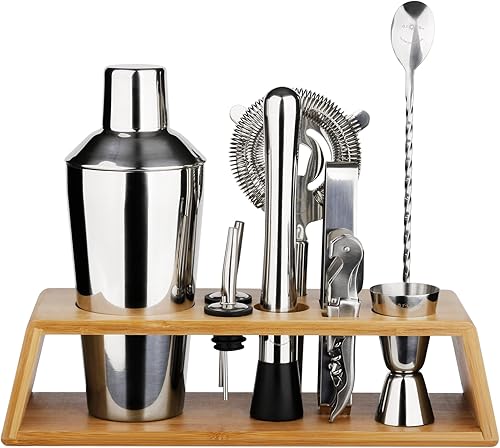 ARORA Juego de barras de 10 piezas, color plateado con soporte de bambú incluye coctelera de 24 onzas, Muddler, pinzas de hielo, Jigger, agitador,