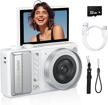 5K Digital Camera for Photography, 2026 Latest 80MP Autofocus WiFi Vlogging Camera for YouTube, 3 180 Flip Screen Compact Travel Camera for Beginners with 16X Zoom, 32GB TF Card, Flash White