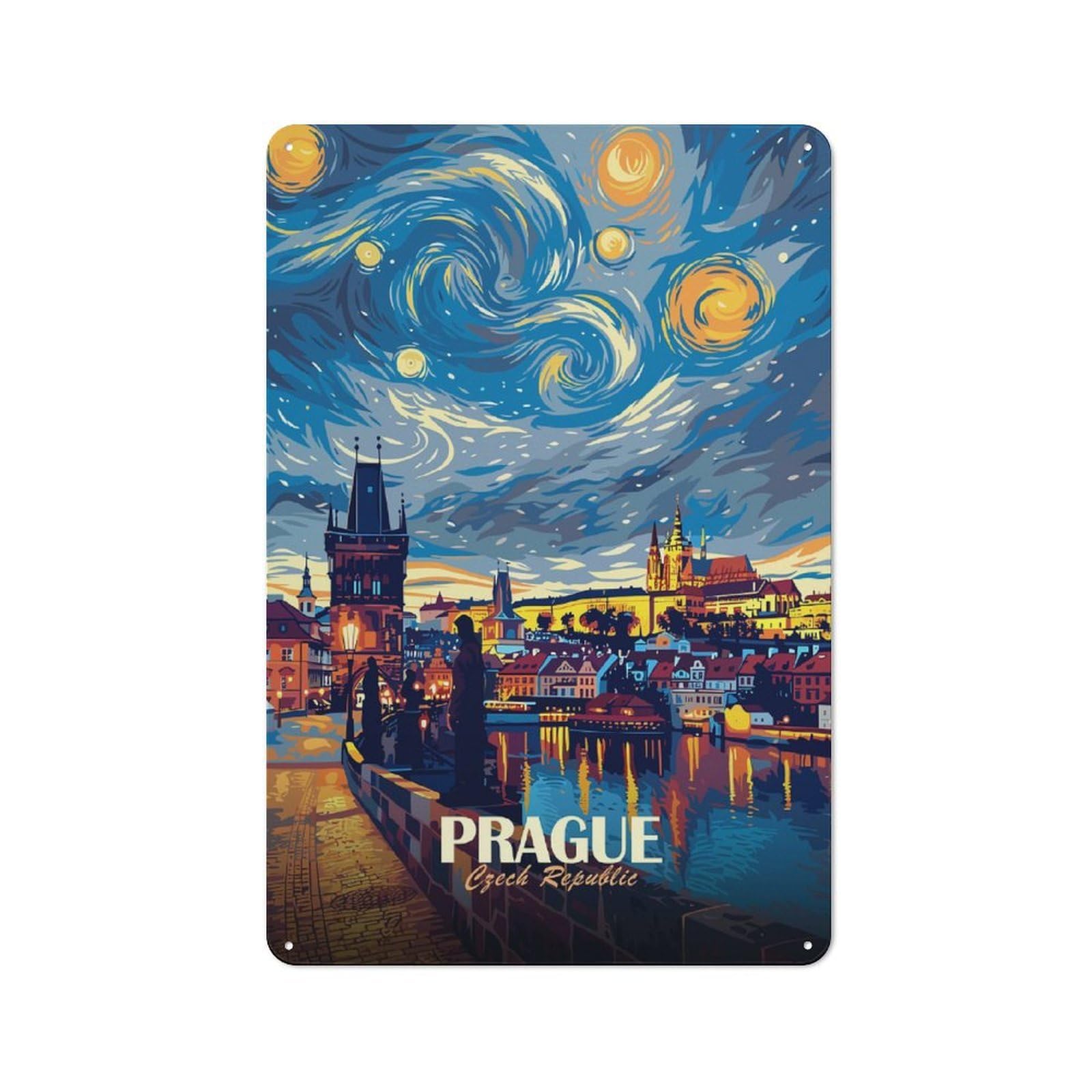 Junmoney Style-3 Rustic Prague Czech Republic Starry Night Art Rustic Tin Sign 30X20cm, Porch Wall Decor For Greenhouse, Garden Room, Cafe Or Entryway