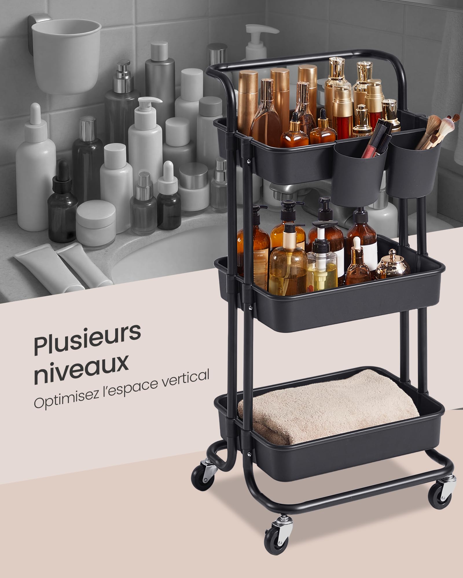 Desserte à Roulettes, Chariot De Rangement, étagère Roulante, 4 Niveaux, Gain De Place, Gris - Meuble de rangement salle de bain