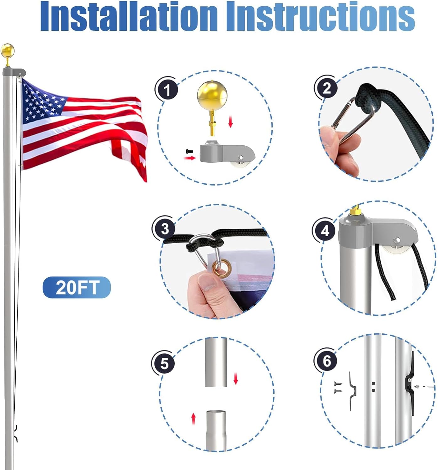 AgiiMan 25FT Flag Pole Kit for Outside House, Including 16 Gauge Outdoor Heavy Duty Flagpole In Ground with 3x5 American Flag and Ball Topper for Residential or Commercial Use, Silver