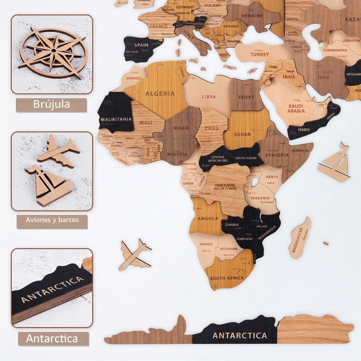 Mapa del mundo de madera en 3D, mapa decorativo del mundo de madera arte de pared multicapa, arte de decoración de pared para el hogar y la oficina, regalo para todas las ocasiones, 150 x 85 cm