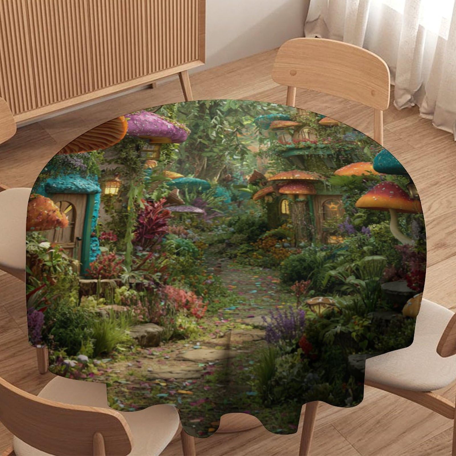LUYYSKY Funny Fantasy Enchanted Forest Round Tablecloth Colorful Boho Oil Painting Botanical Plant Mushroom Print Washable Decor for Table Cover for Kitchen-177.8" Wx177.8 L cm