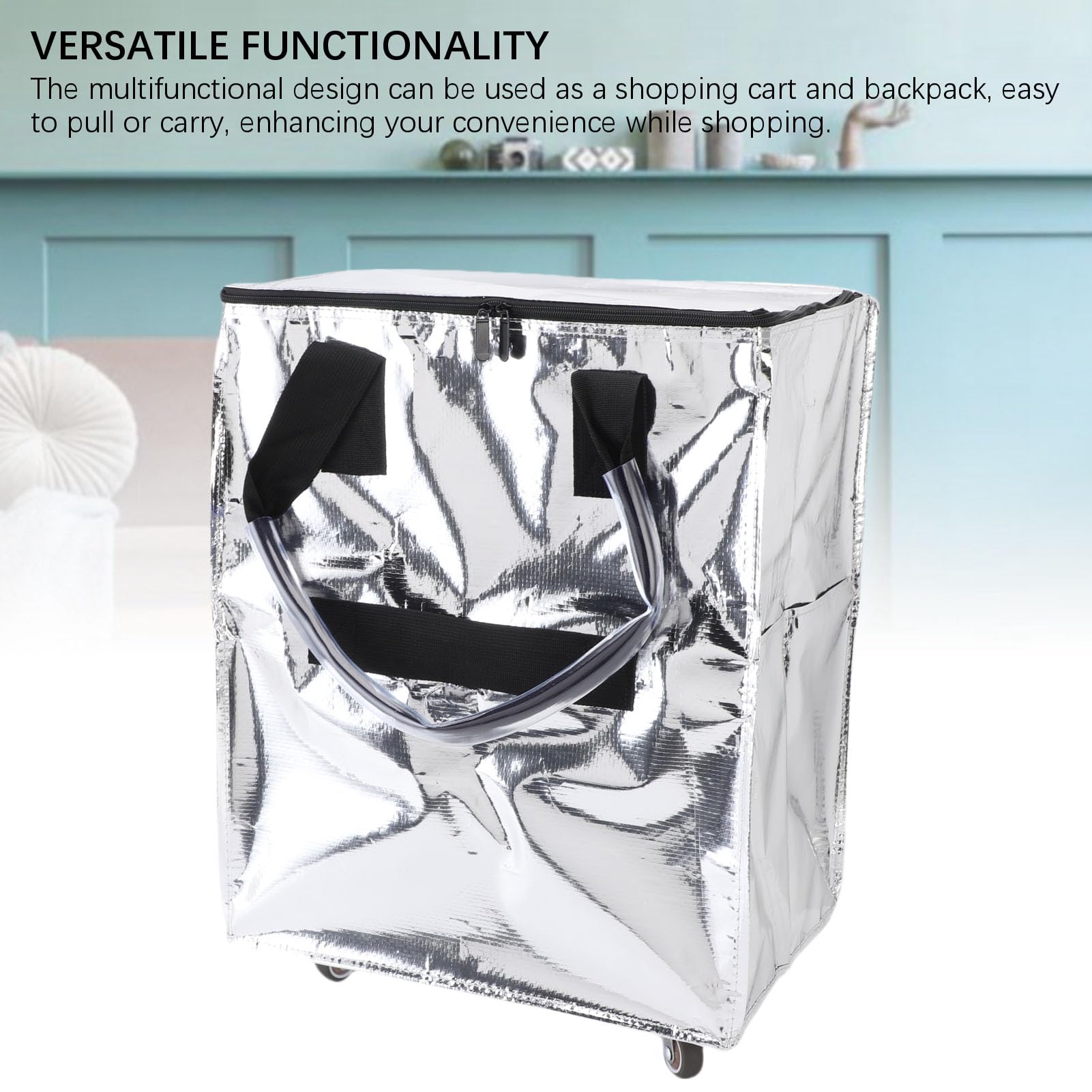 Lebensmittelbeutel auf Rädern, Großkapazität Multifunktional Tragbarer Zusammenklappbarer Einkaufsbeutel mit Rädern, Wasserdichtes Design, für Bequeme Einkäufe (Silber)