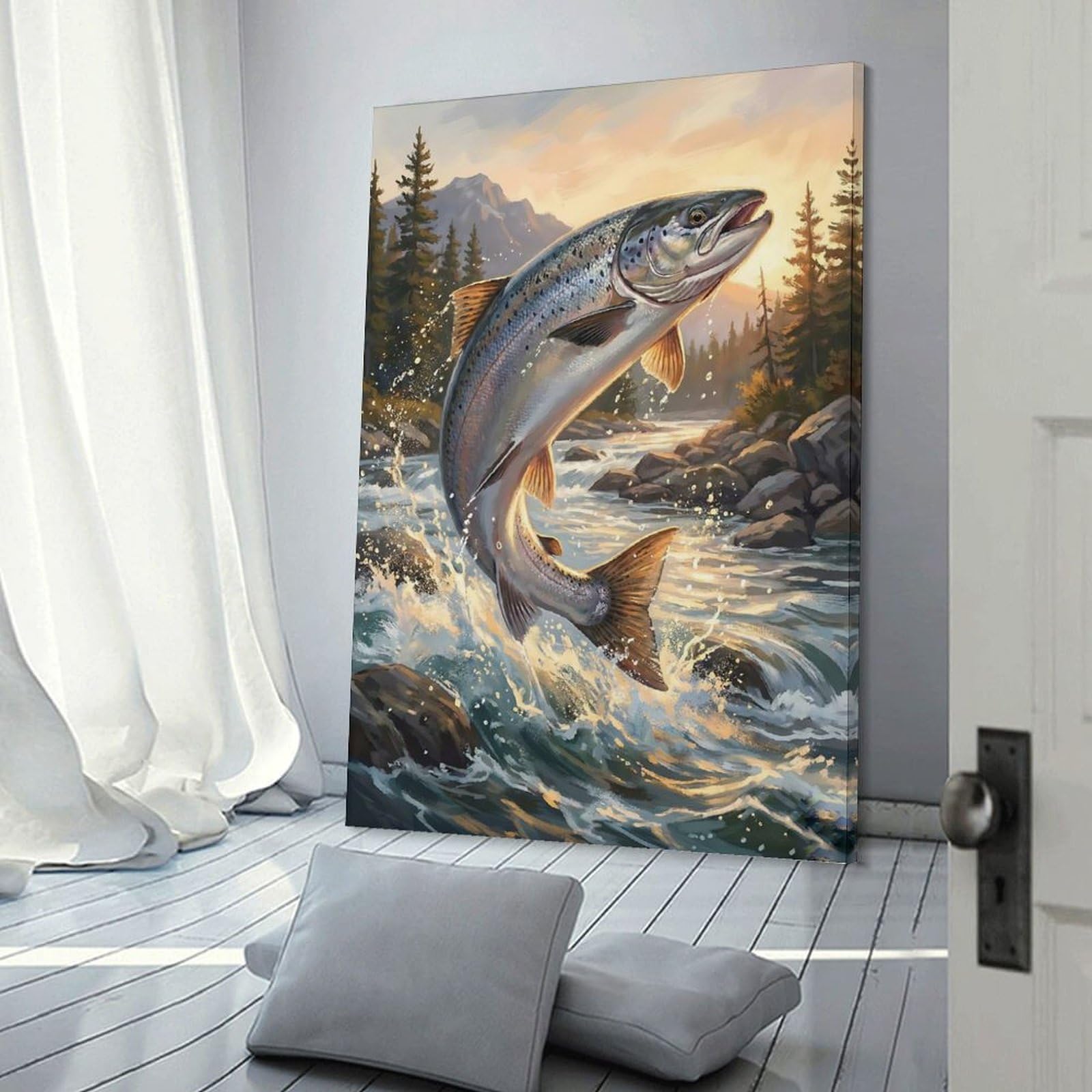 Junmoney Room Decor Wall Art Salmon Leaping from River Painting, 24x36inch(60x90cm), for Wall Displays, Bedrooms Or Room Updates, An Easy Match for Collected Prints