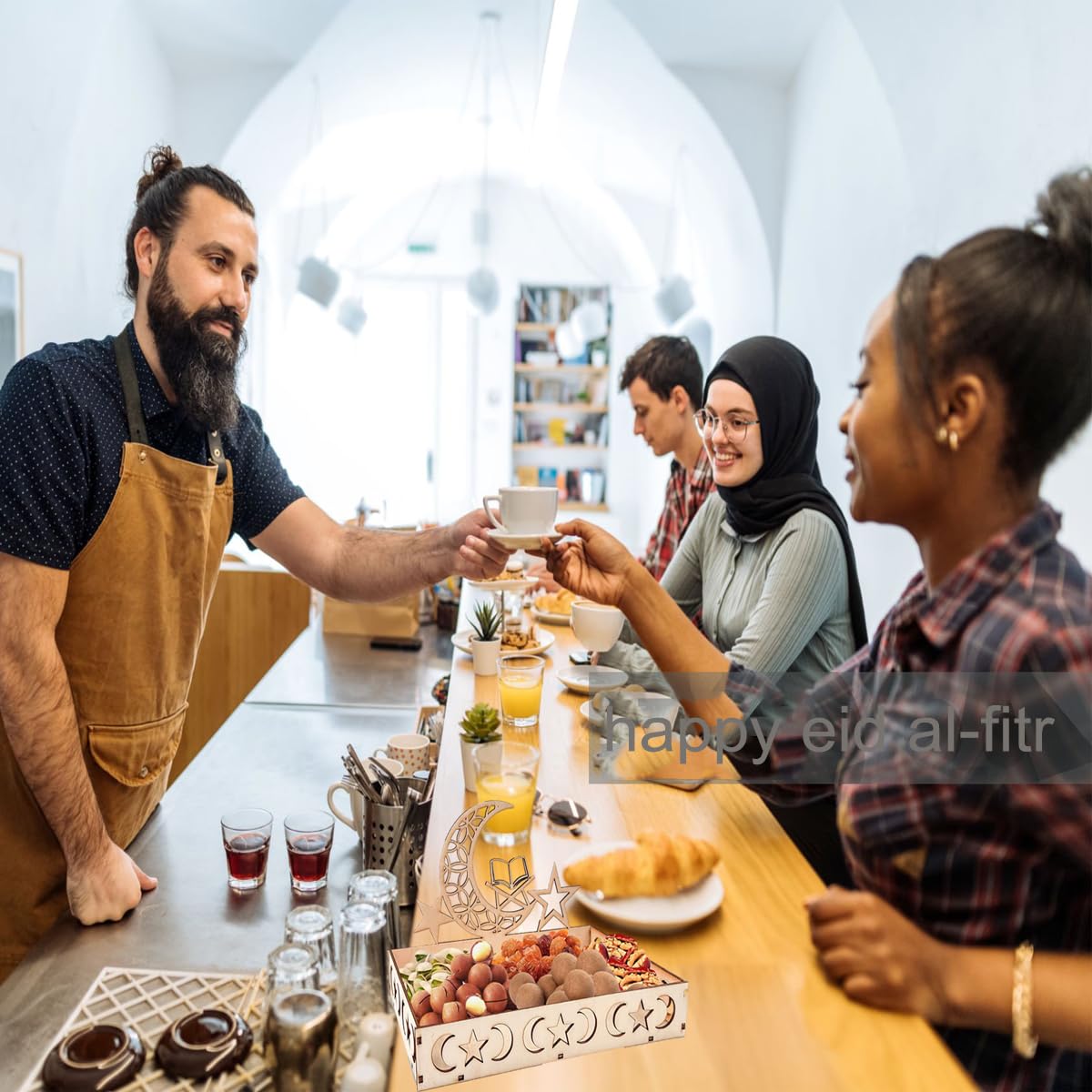 Vassoio Portatutto In Legno Con Motivo Luna E Stella - Decorazione Tradizionale Per Eid Mubarak E Ramadan