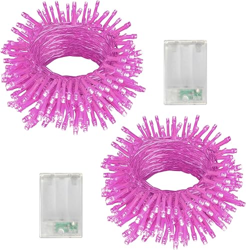 Paquete de 2 tiras de luces que funcionan con pilas, 80 luces LED rosas de 26 pies, impermeables, alambre transparente, luces parpadeantes para