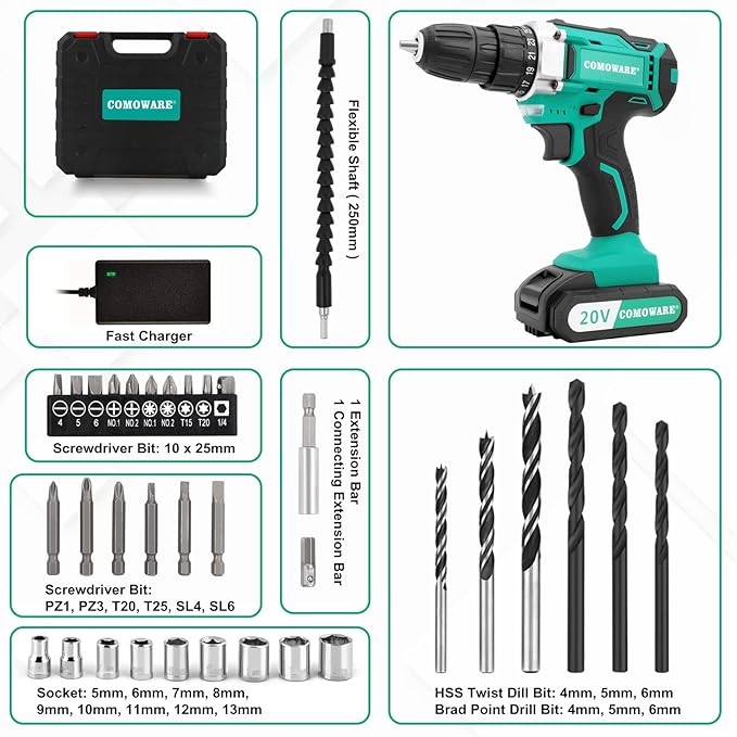 Taladro Inalámbrico COMOWARE 20V con 2 Baterías, Cargador y 34 Accesorios miniatura 8