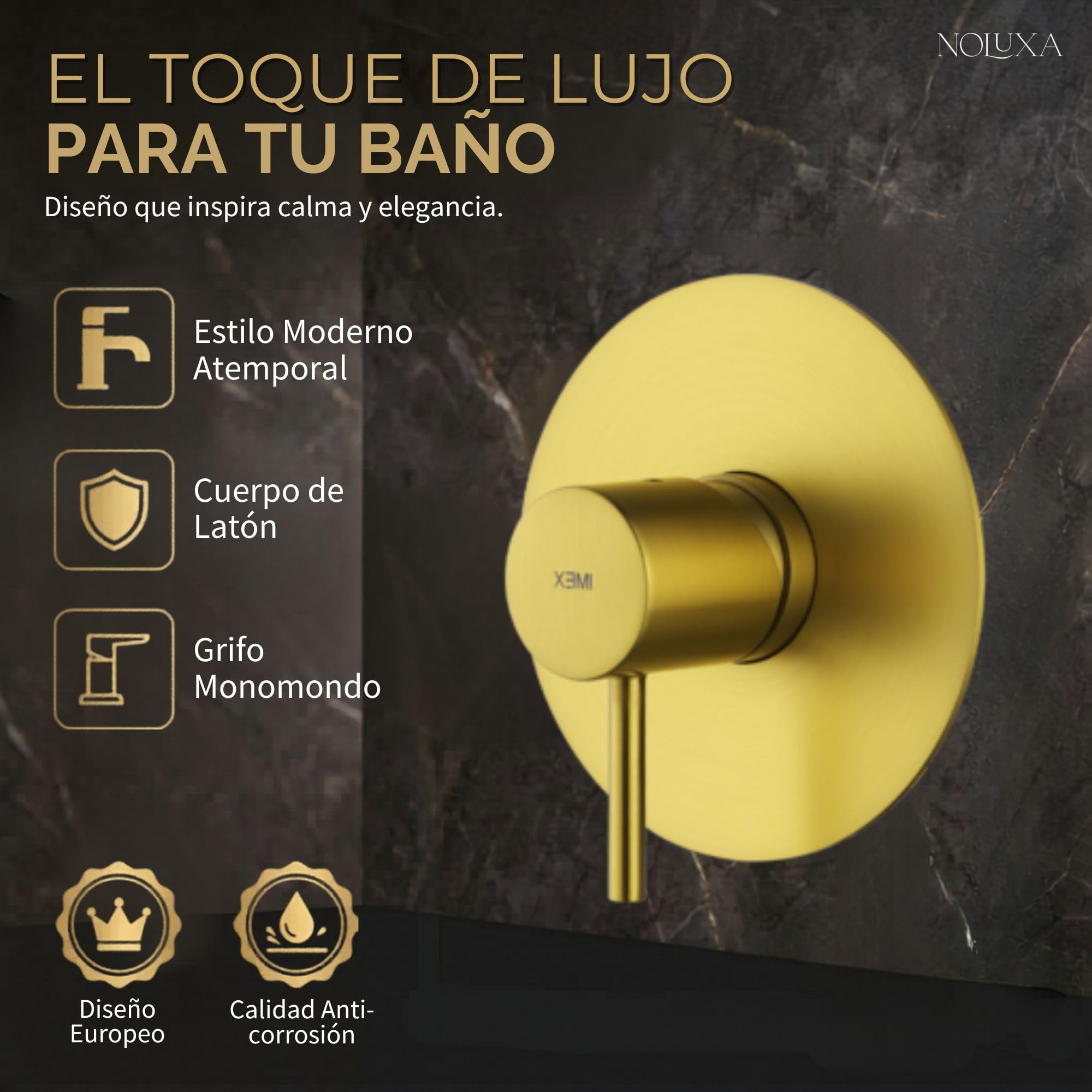IMEX - Ducha Empotrada Oro Monomando | Conjunto de Grifería Empotrado con Rociador Antical Efecto Lluvia Dorada | Columna Ducha Empotrada con Grifo en Latón y Acero Inox S.304 (SIN ALCACHOFA)