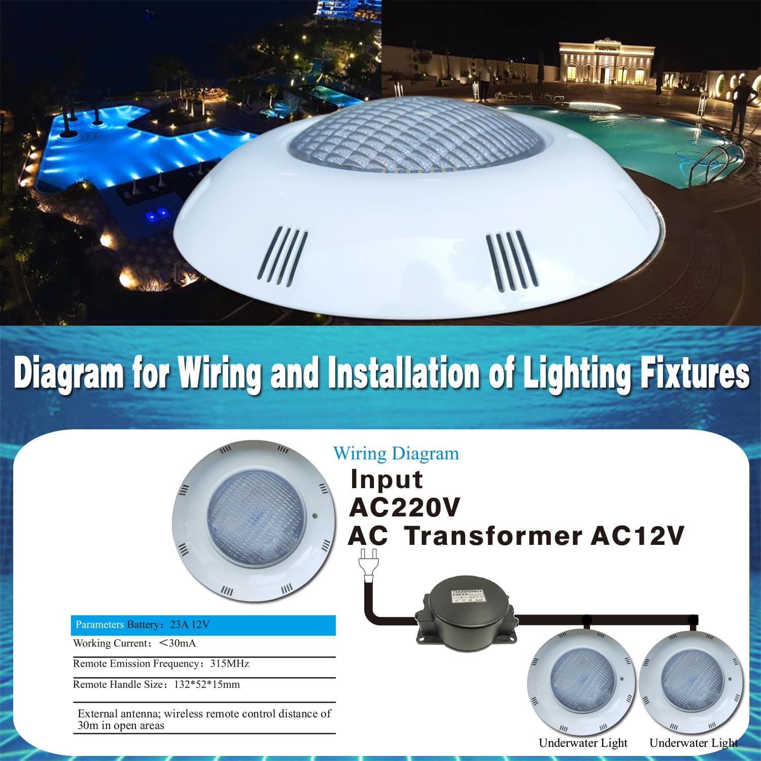 BARCELONA LED Faro LED Piscina 24W AC12V IP68 Sommergibile Ø295mm Luce Bianca 6500K LED SMD2835 Faretto Subacqueo Montaggio Superficie per Piscine, Spa Fontane e Aree Acquatiche