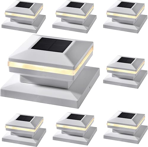 Dynaming Paquete de 8 luces solares para postes, luces decorativas para exteriores, tapas de carcasa blanca alimentada por energía solar,