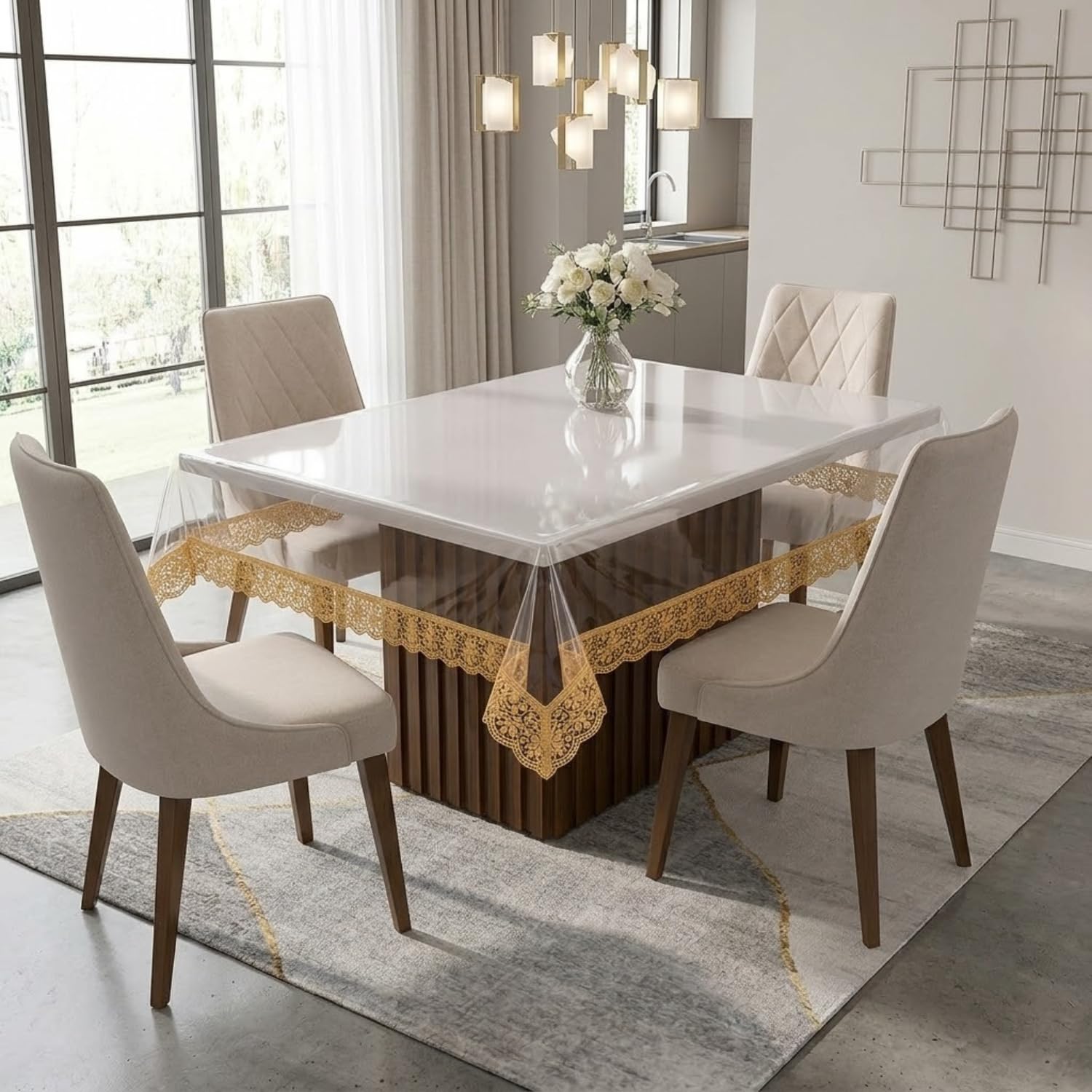 Premium High Thickness Transparent PVC Table Cover for 4 Seater Dining Table | 45 x 70 Inch Waterproof Table Protector Sheet with Elegant Golden Lace Border | Crystal Clear, Oil & Scratch Resistant |-image-5