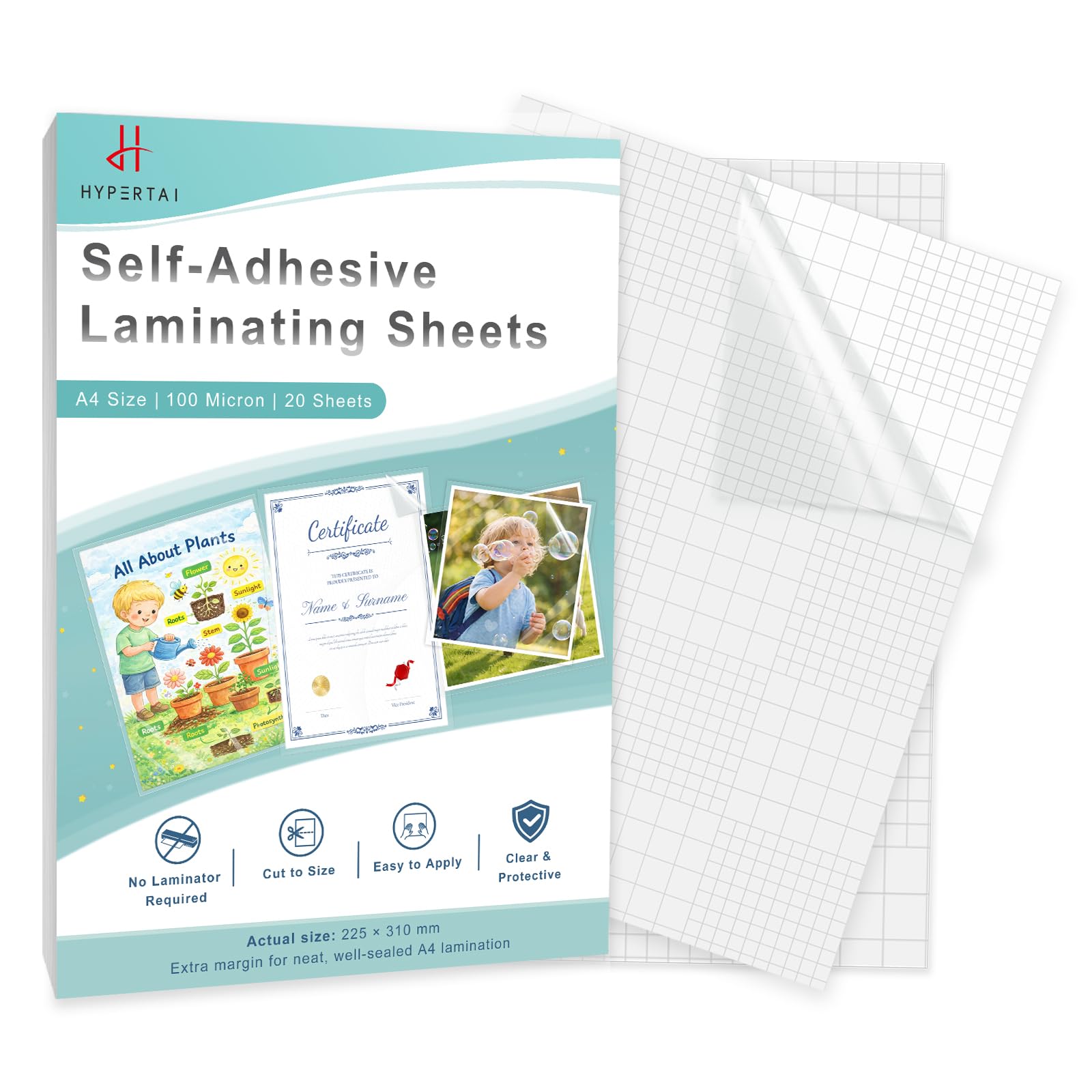 HYPERTAI Self-Adhesive Laminating Sheets, A4 Size 20-Pack No Heat No Machine Laminating Film, 225 * 310MM 100 Micron Glossy Protection Film for DIY Crafts, Home & School