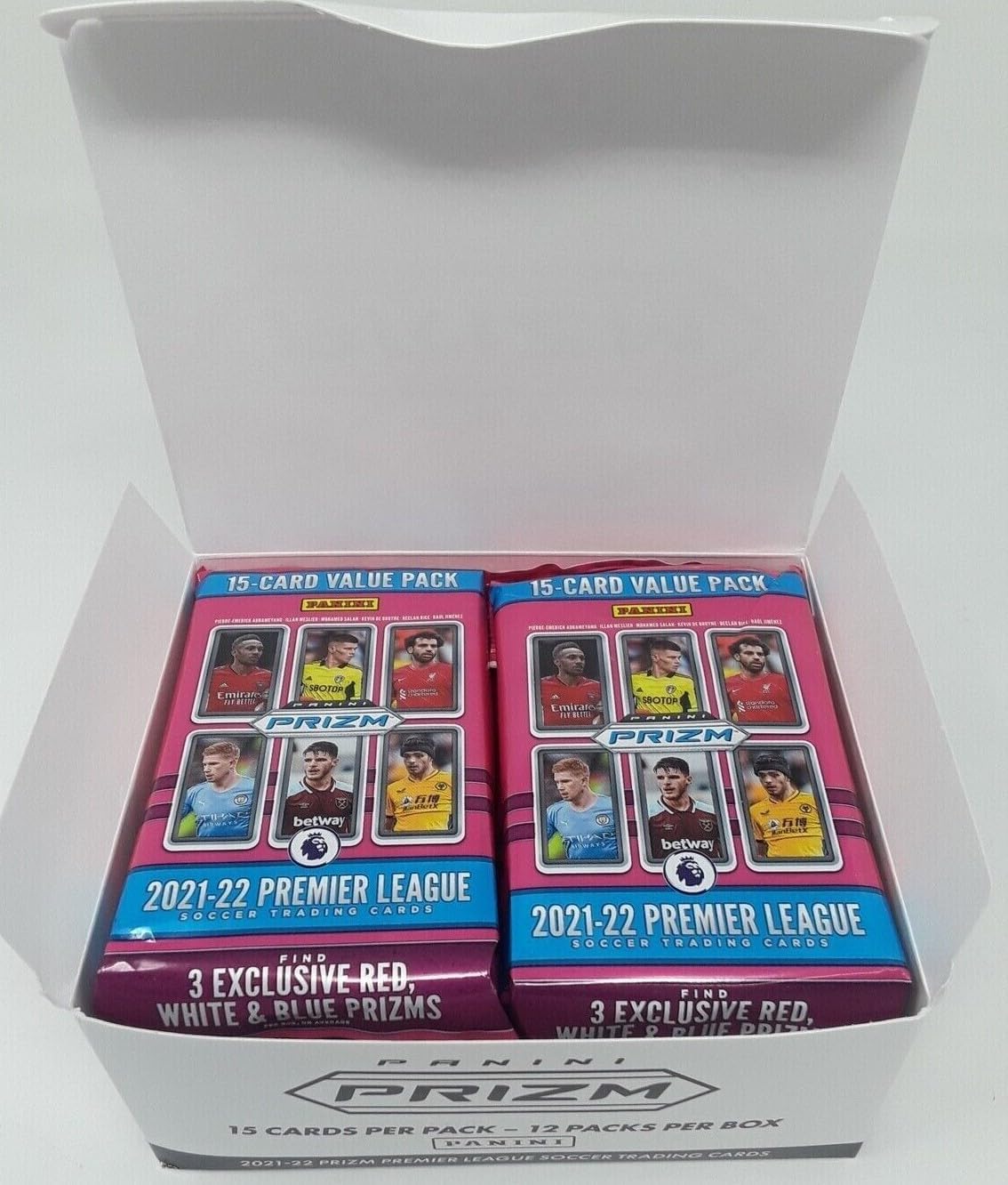 2021 2022 Panini PRIZM Premier League Soccer FAT Pack Value Box of 180 Cards with EXCLUSIVE Red, White and Blue Prizms