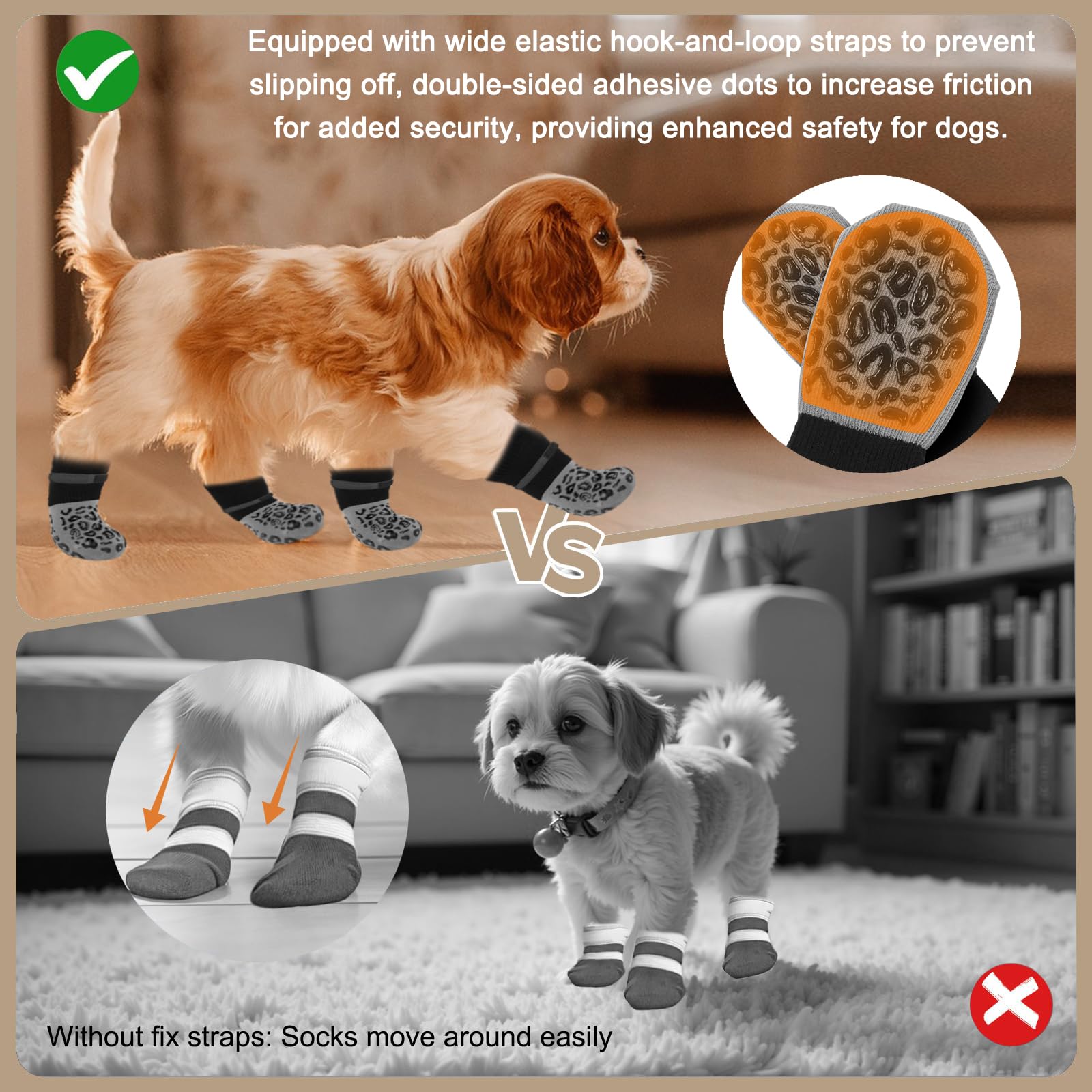 Chaussette pour Chien, 2 Paires Chaussettes Chien Antidérapantes, avec Fermeture Bande Auto Réglable Protections de Pattes pour Chaussettes pour Chiens, pour L'extérieur et L'intérieur(M)