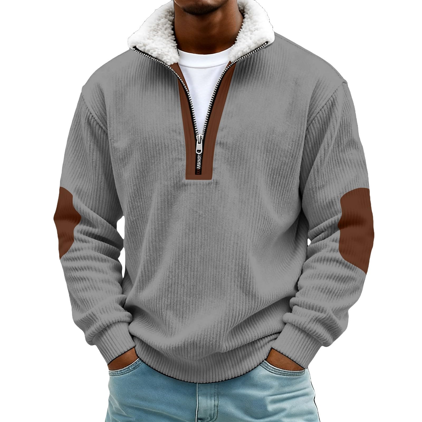 Generico Maglia Sportiva Uomo Maniche Lunghe Mezza Zip Collo in Pelo Tessuto A Righe Spesse per Uscite all’Aperto Invernali