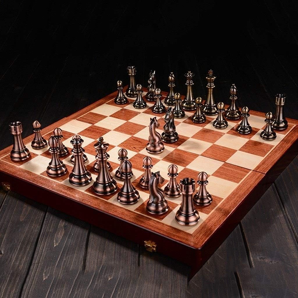 Torneo Ajedrez Hecho a Mano, Piezas de ajedrez de Metal, Bronce y latón, Tablero de ajedrez Plegable de Madera Maciza, Juego de Juegos de ajedrez Profesional Hermandad de Labor