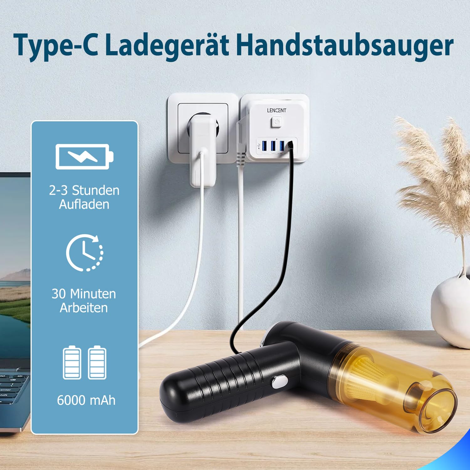 2024 Letzte Version Autostaubsauger, 25000pa Kabellos Handstaubsauger Akku,Mini Staubsauger 12V DC 2.05 M Kabel für ZigarettenanzüNder 6000mAh Handsauger Nass & Trocken für Den Auto Haus