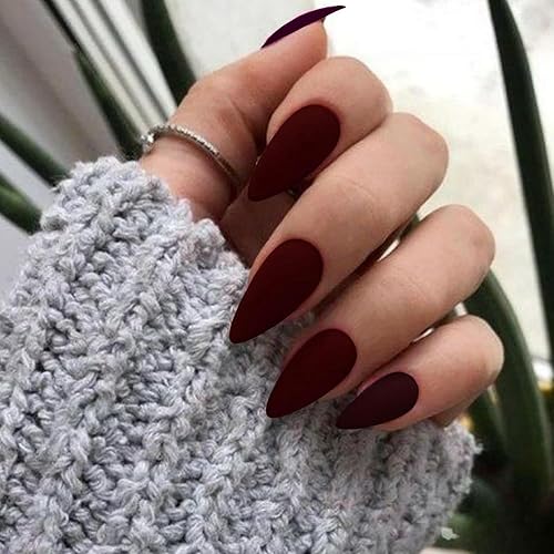 Matte Dark Red Press on Nails Almond Shaped Medium Almond