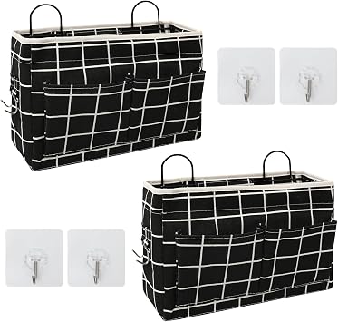 Surblue Wall Hanging Storage Bag with Sticky Hook, Closet Hanging Storage Baskets with Pockets, Waterproof Linen Cotton Organizer Box Containers for Bathroom Kitchen Dormitory Bedroom,2Pcs,Black