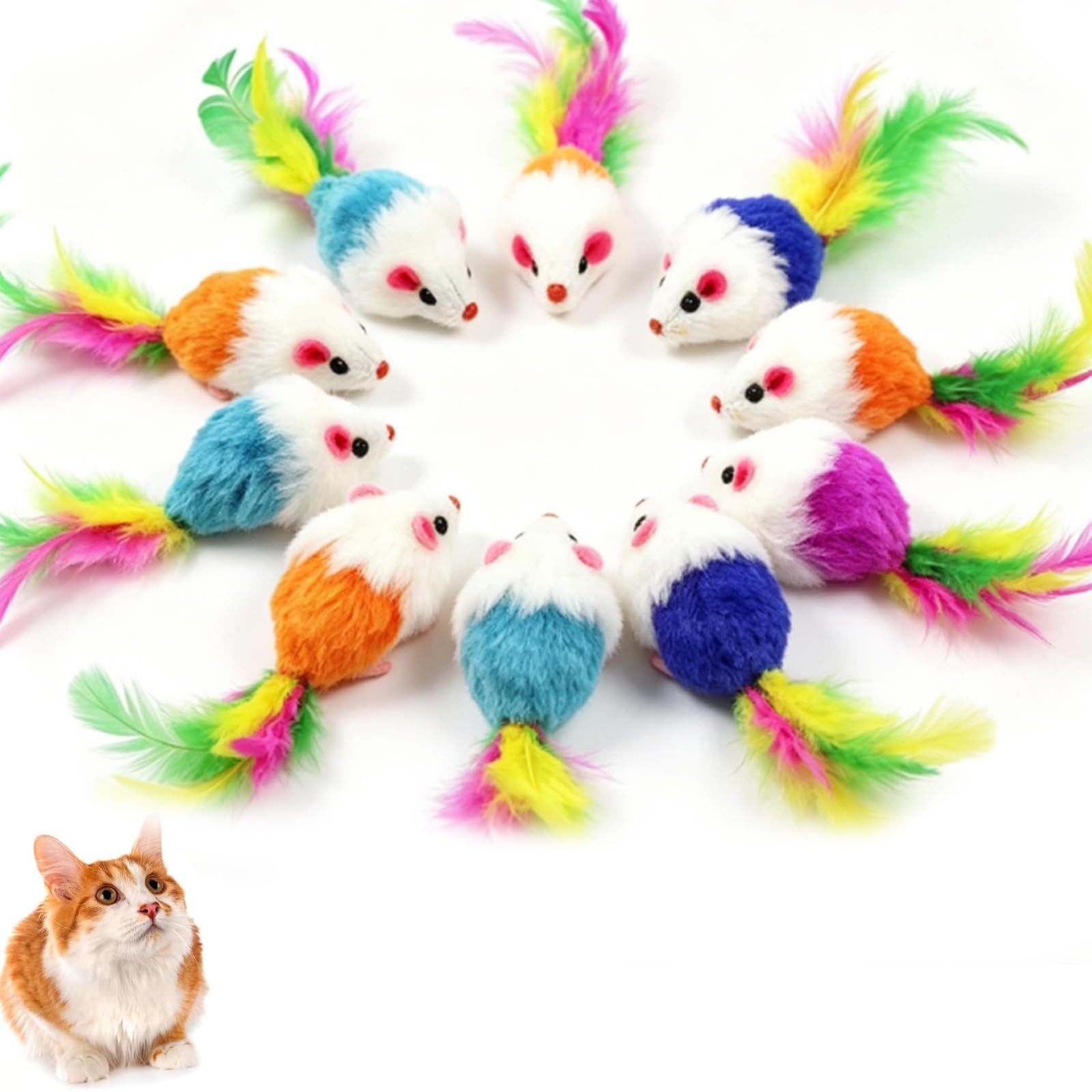 GYTFOG 30 Pcs Cat Mouse Toys, Colorful Durable Interactive Mouse Cat Toy with Feather Tail, Interactive Realistic Small Mouse Activity Squeak, Bite Resistant Cat Play Toys for Indoor Kitten Pets