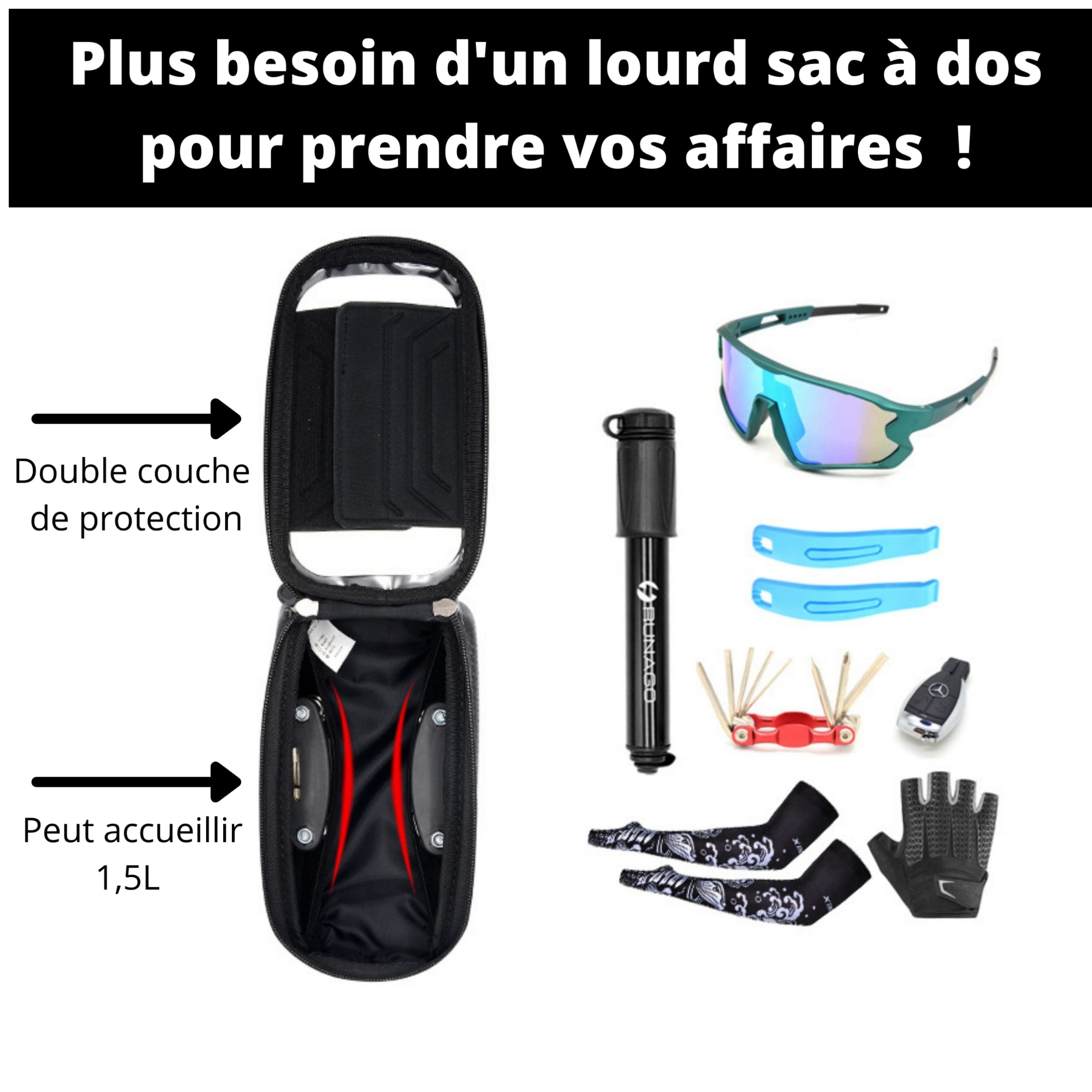 Sacoche De Cadre RUNAGO – Support Téléphone étanche, 3 Velcros, Pare-soleil, Compatible Tout Vélo, Cadeau Idéal