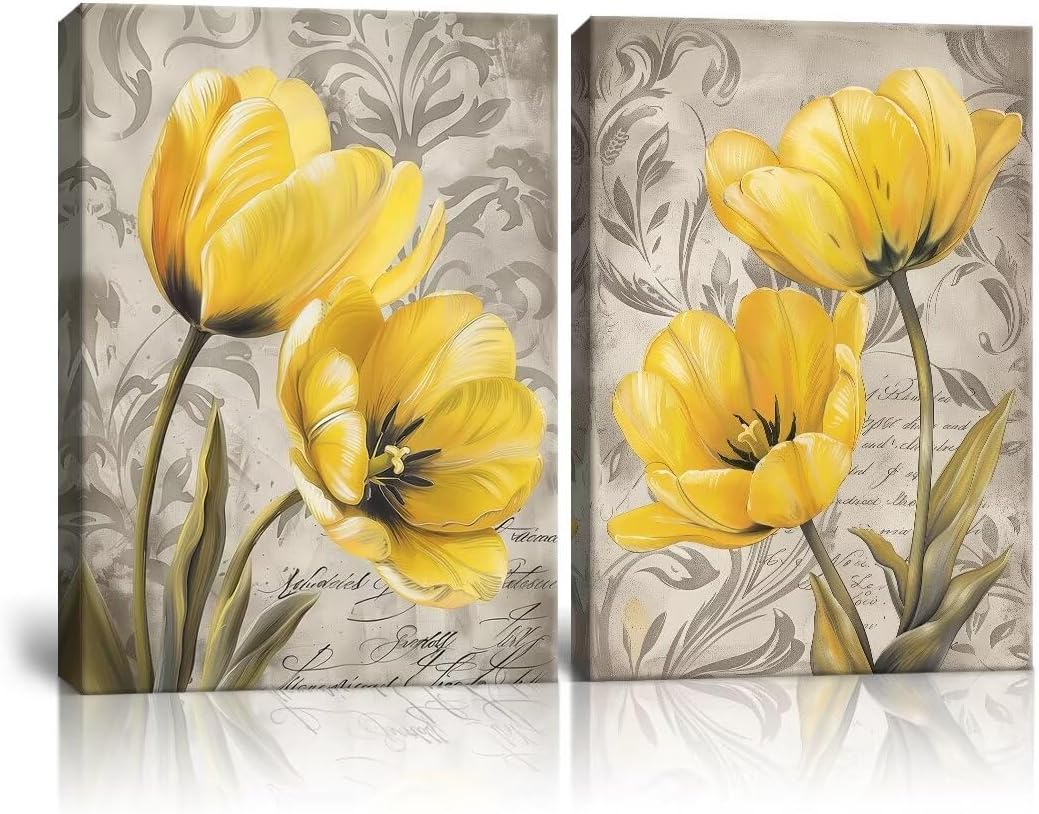 Yellow and Gray Flowers Canvas Wall Art Tulip Picture Prints Artwork Modern Floral Wall Decor for Living Room Bedroom Bathroom Decor Plant Painting Framed 2 Pieces