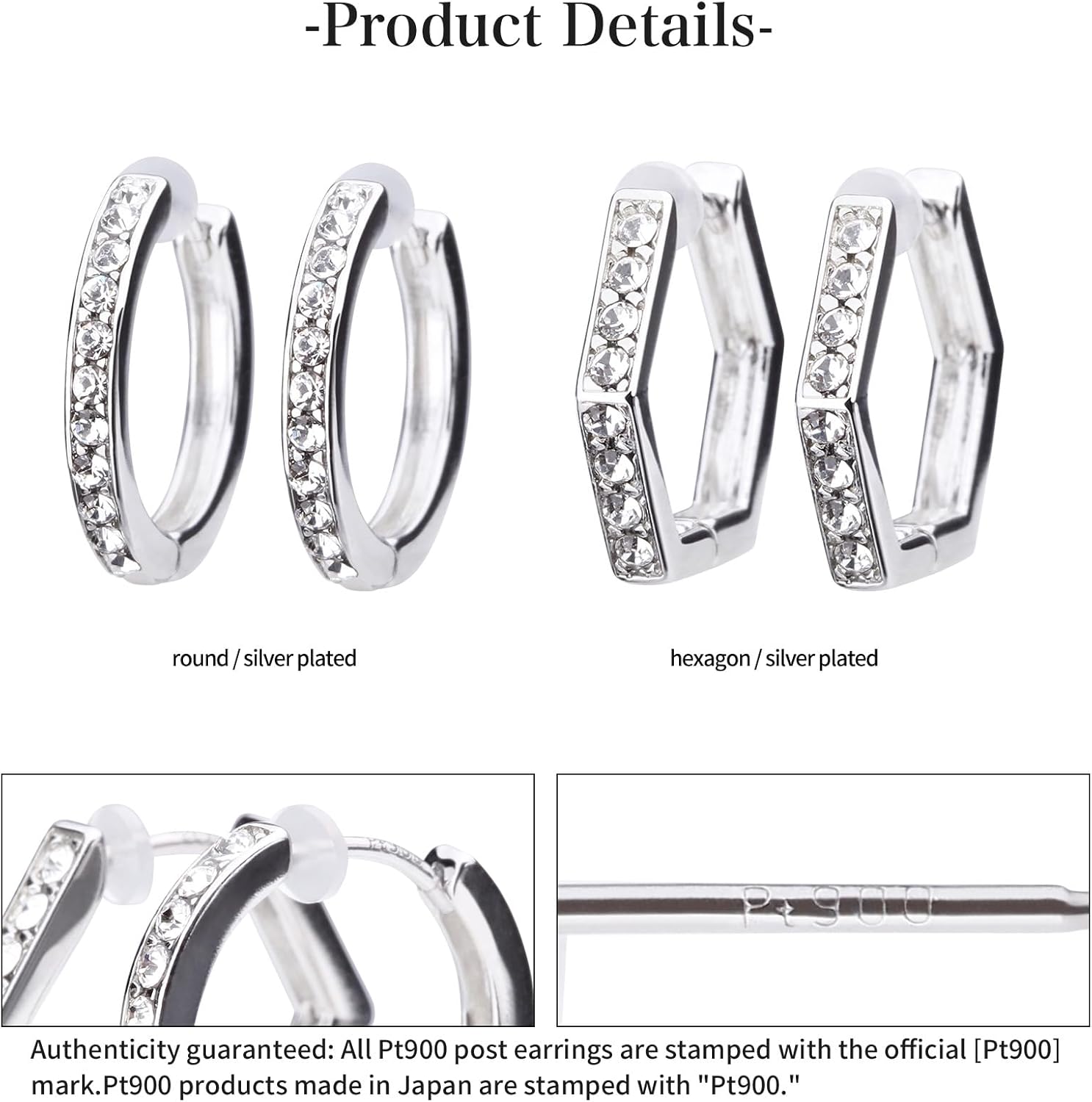 Pt900(Platinum 900) Post Crystal-Accent Hoop Earrings | Hypoallergenic & Nickel-Free | Made in Japan | Available in 2 designs: Round and Hexagon | Used with Preciosa crystals ptn-11-12