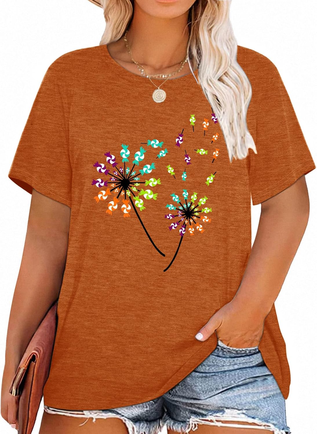 Womens Plus Size Dandelion Print Tshirt Cute Graphic Floral Tees Short Sleeve Summer Blessed Tee Tops