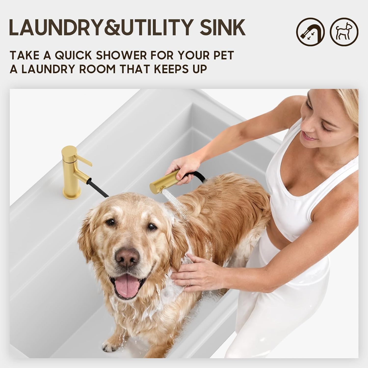 Phiestina Pull-Out Bathroom Faucet, Brushed Gold Single Handle with Pull Down Sprayer & Pop-Up Drain, 1 or 3 Hole Round RV Bar Laundry Utility Sink Small Faucet with Deck Plate, FH01CLP-BG