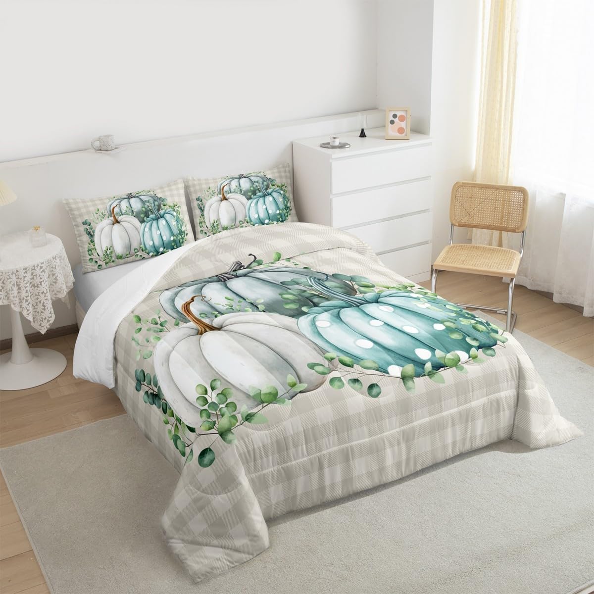 Erosebridal Fall Comforter Set King Size Buffalo Plaid Bedding Set for Kids Adult Ucalyptus Leaves Polka Dots White Pumpkins Fall Down Comforter Farmhouse Thanksgiving Autumn Room Decor Quilt Set