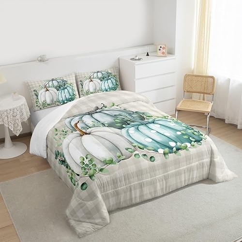 Miniatura 2 de Erosebridal Juego de edredón de otoño, tamaño King, juego de ropa de cama a cuadros de búfalo para niños y adultos, hojas de Ucalipto, lunares,