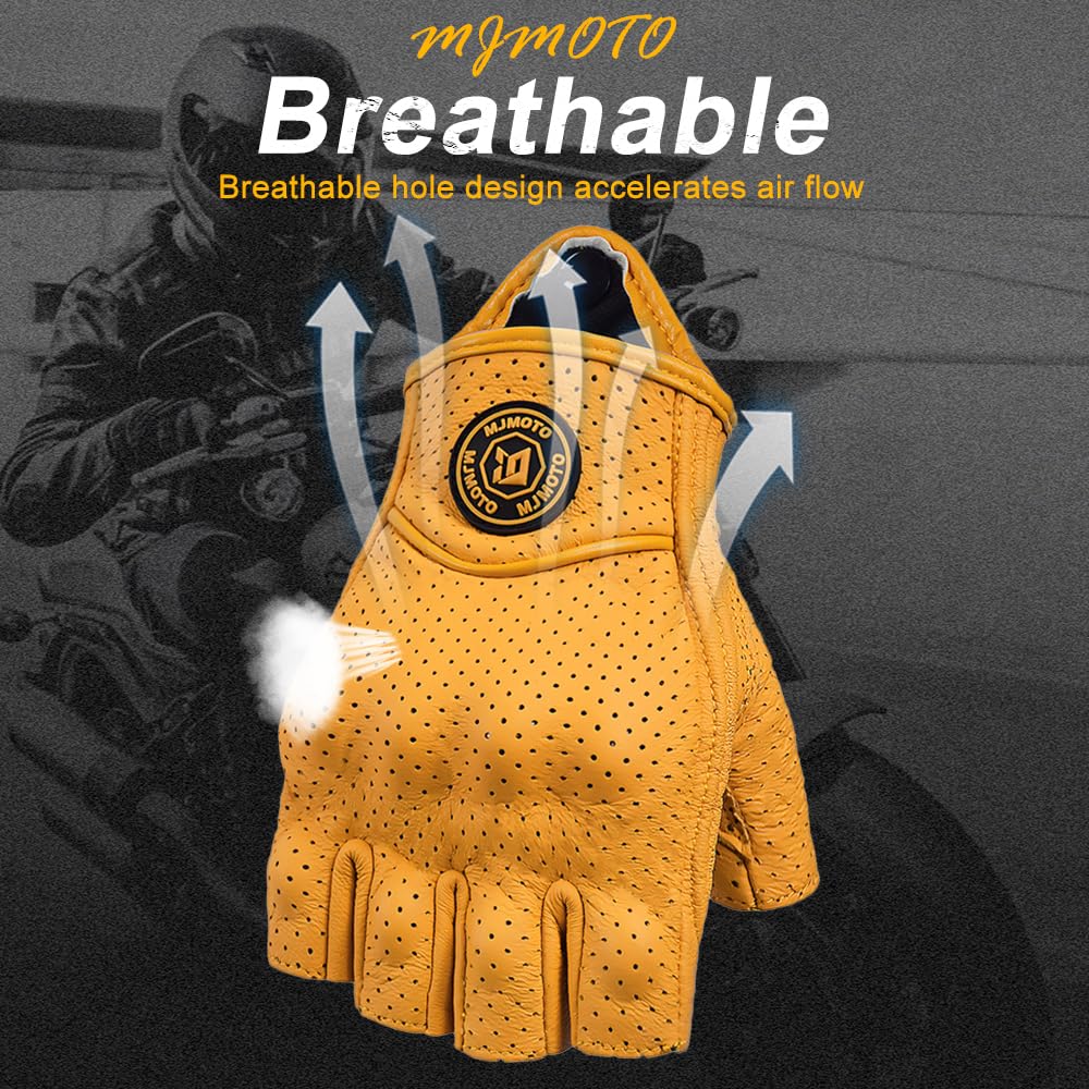 Guantes retro de medio dedo de piel amarilla con perforaciones transpirables y agarre antideslizante, cierre de velcro, unisex