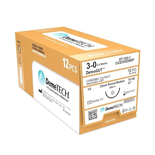 DEMETECH DemeGUT - Sutura cromática absorbible Catgut DT-182-1, DSH-1, 0.866 in, aguja de cuerpo redondo de 12 círculo, tamaño USP 3-0, 30 pulgadas