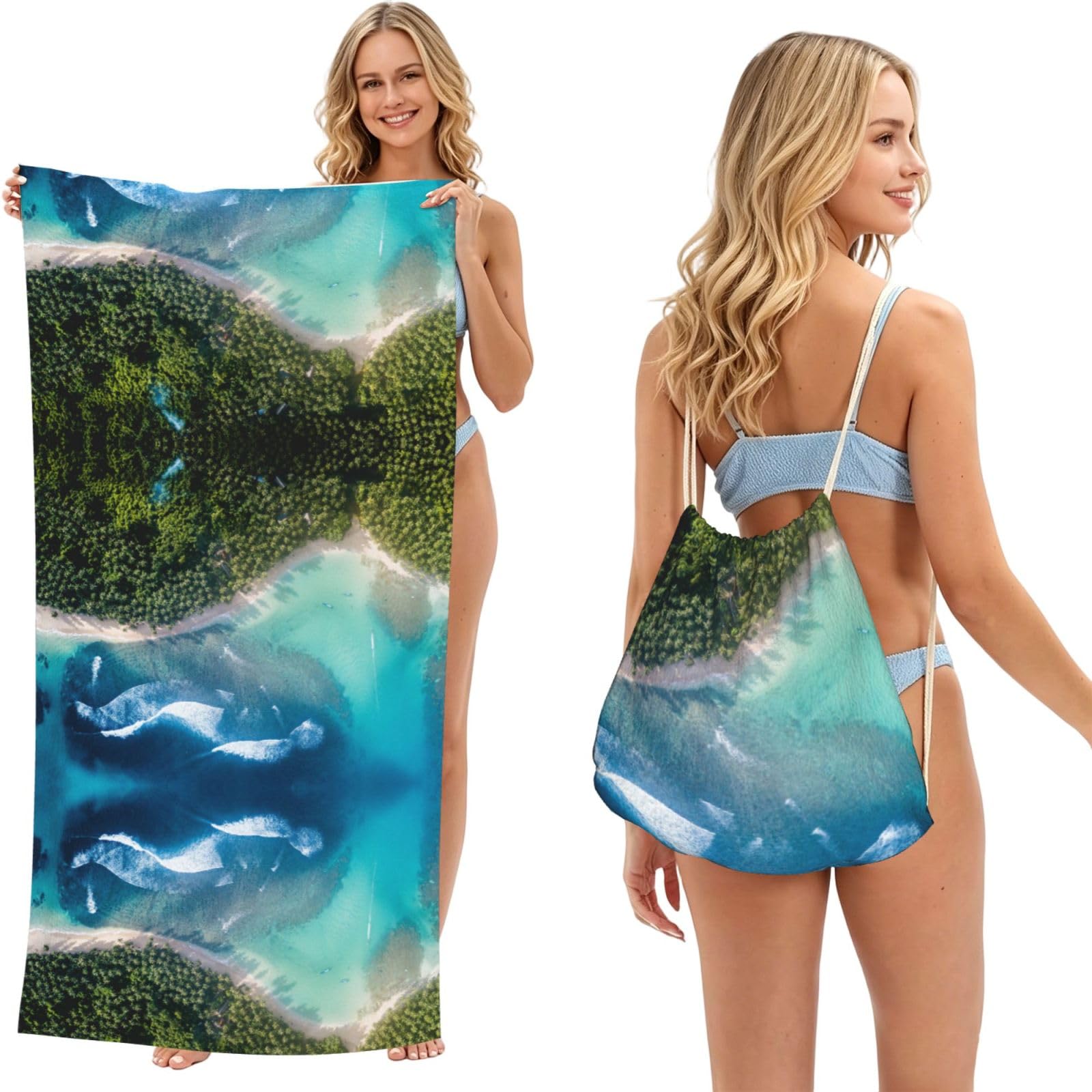 SATUSA Beach Print 2-In-1 Foldable Beach Towel Backpack – Camping, Yoga And Travel,Bath Towel With Built-In Storage, Convertible Beach Mat & Carry Bag
