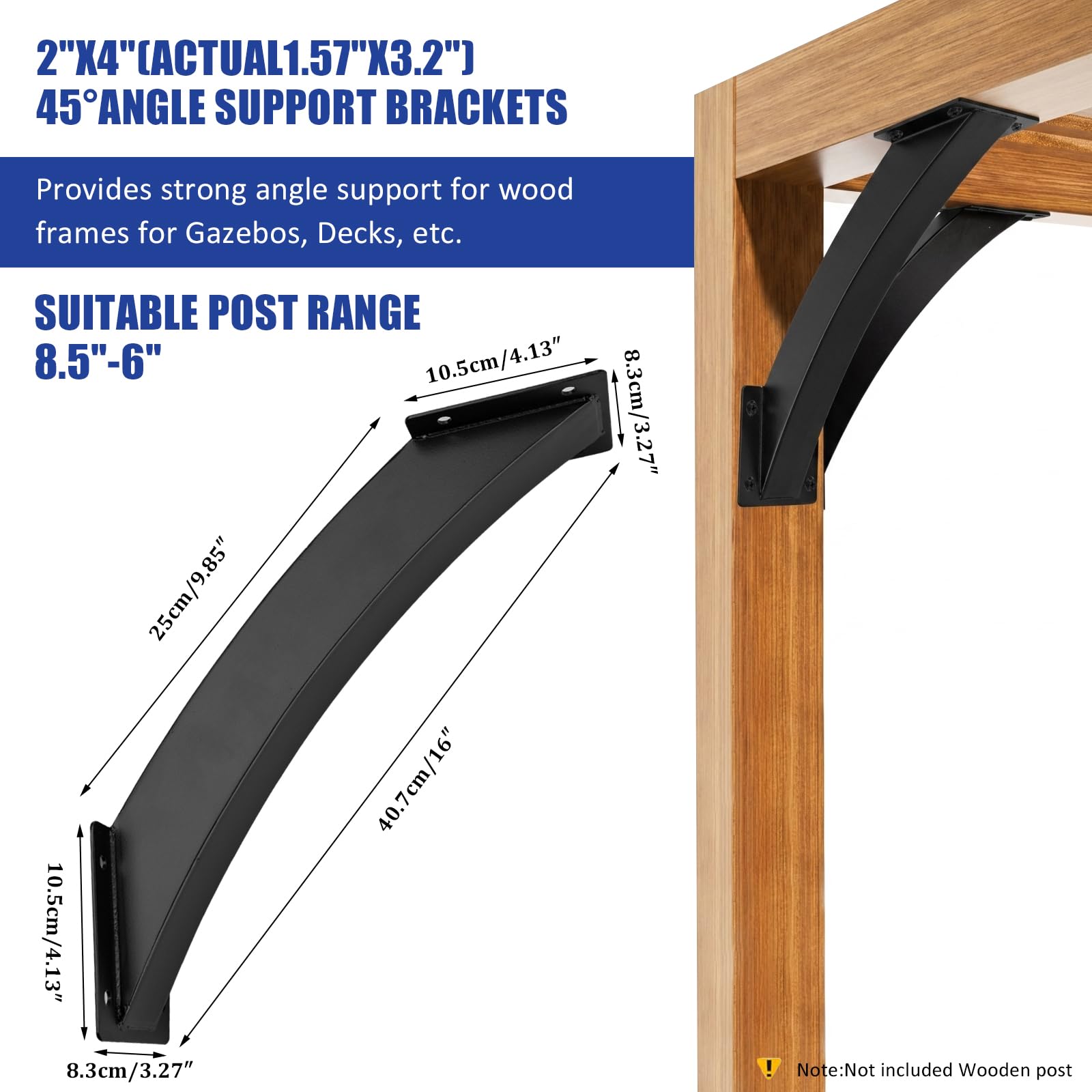 4 Pcs Soportes de Pérgola,Soporte de Conector de Soporte de ángulo | de 45 Grados, Escuadras Metalicas, Escuadras para Madera, Soporte de Esquina para Pérgola y Pabellón