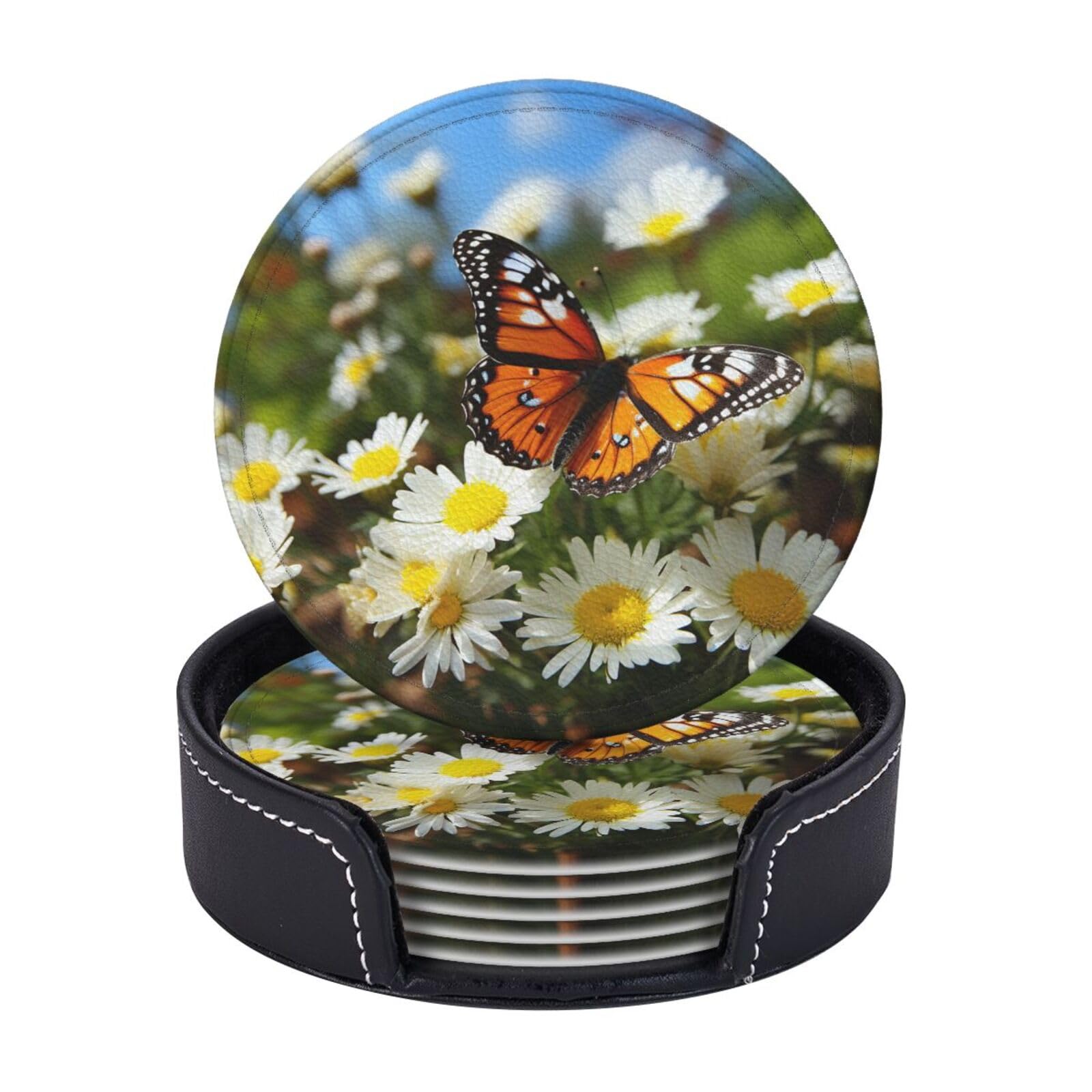 6Pcs PU Leather Coaster for Drinks, Butterfly on Daisy Flower Cup Coasters with Holder, Aesthetic Drink Coasters for Coffee Table, Round Coaster for Tabletop Protection 4" Cup Mat Pad