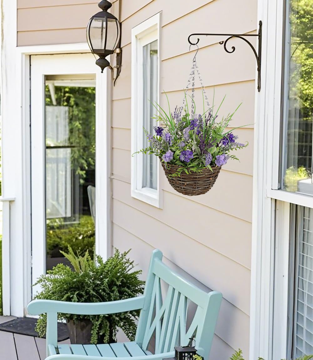 Arborus Artificial Hanging Basket 17.7" Fake Lavender Plants Hanging Baskets Realistic Silk Flower Baskets Faux Floral Basket with Greenery for Home Farmhouse Porch Patio Indoor Decor - Image 3