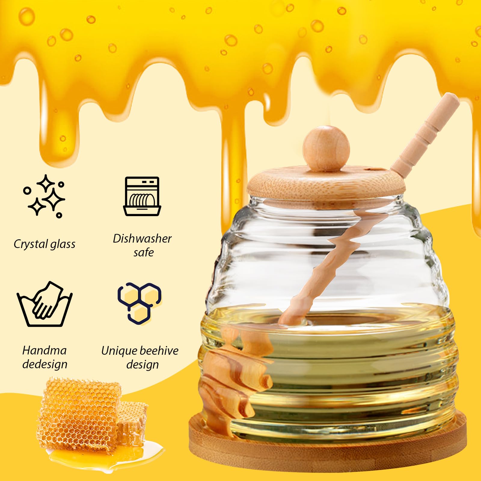 Honingpot met houten lepel en deksel, 500 ml honingbijenpot, helder glazen honingpot, glazen honingpot, resistente glazen honingdispenser voor het doseren van honing en siroop