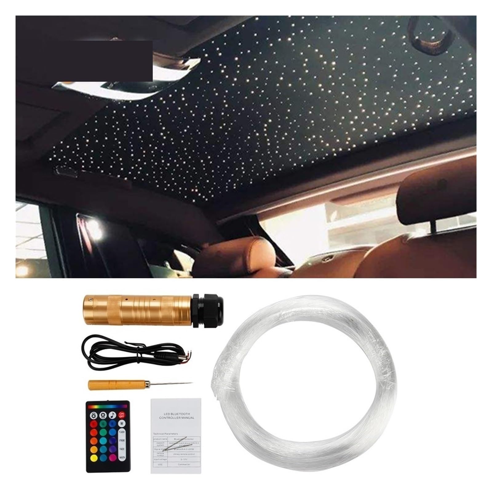 Oświetlenie wnętrza samochodu LED, 12V 6W RGB na dach samochodowy światła gwiazd, zestawy oświetlenia sufitowego LED z włókna światłowodowego, światłowód DIY gwiaździste niebo Auto dekoracyjna lampa Ś