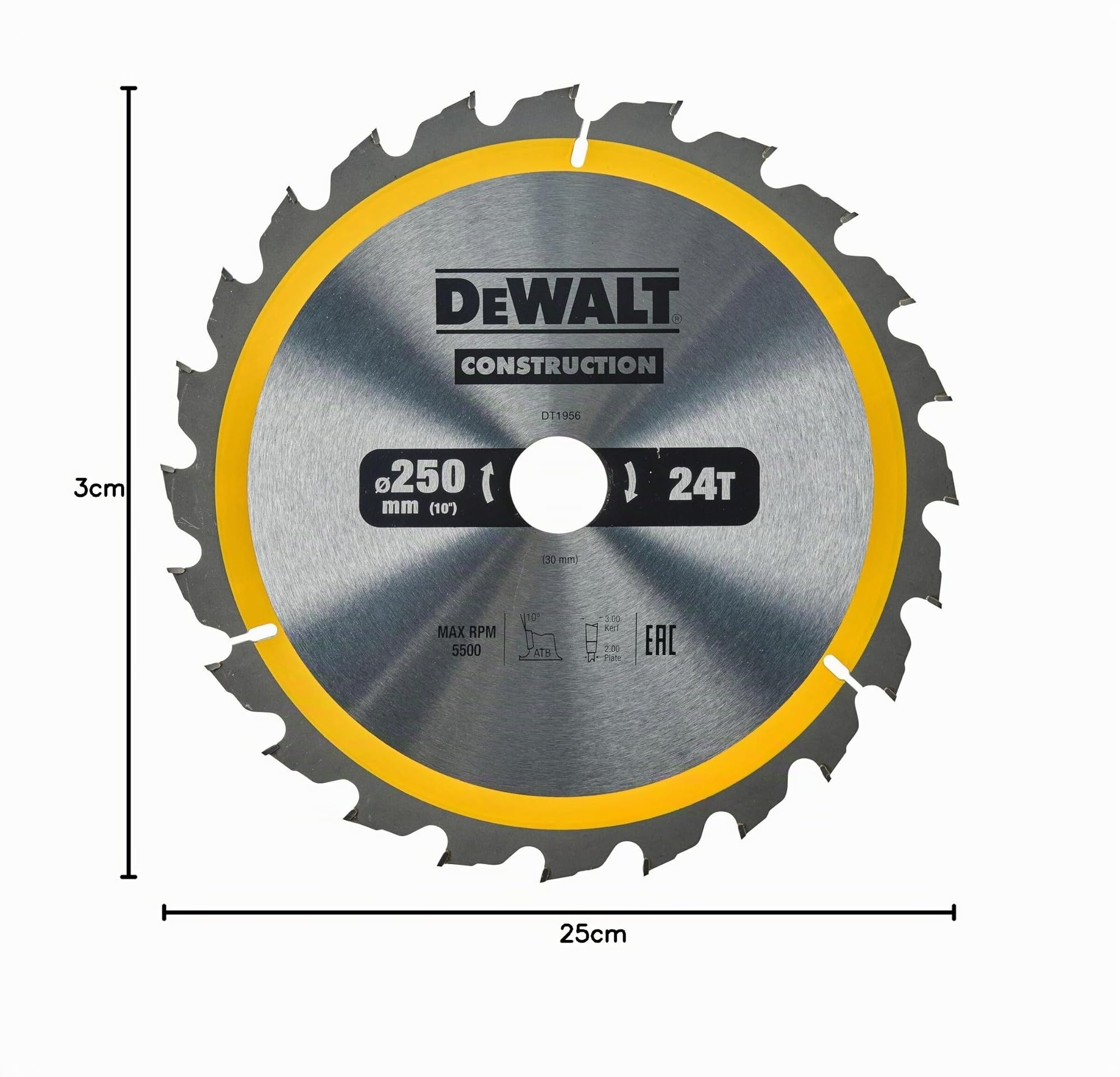 DEWALT DT1956-QZ - Hoja de Sierra Circular Estacionaria, Disco Cortante de 24 Dientes 250x30mm, Herramienta Resistente a Clavos, Duradera, Especial para Construcción y Uso Profesional